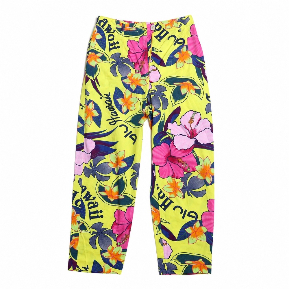 Blugirl Blumarine Pants IT 42 Yellow Hawaii Floral Logo Print Italy Y2K Capri